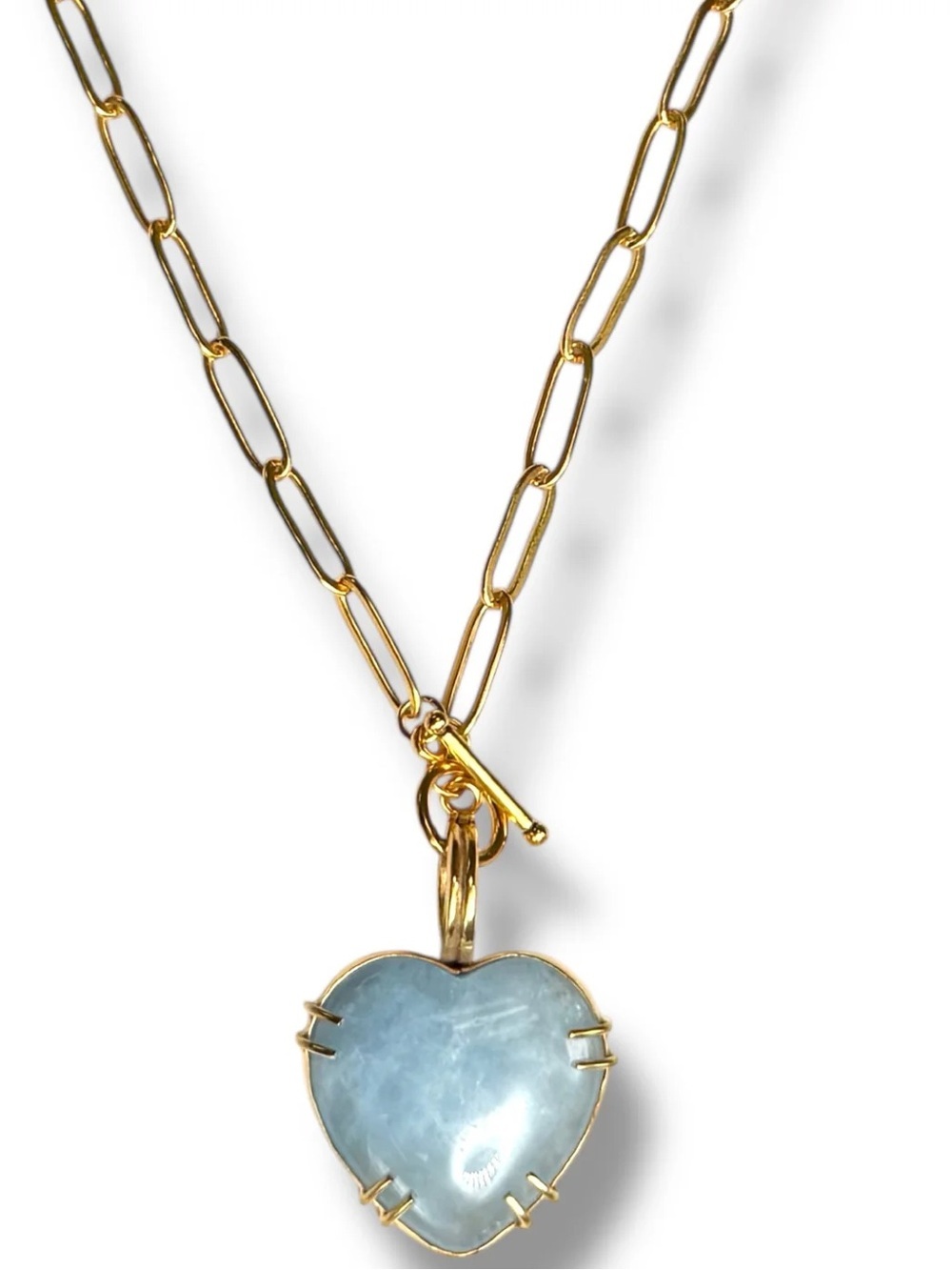 Gold Chain Necklace with Aquamarine Blue Heart Pendant